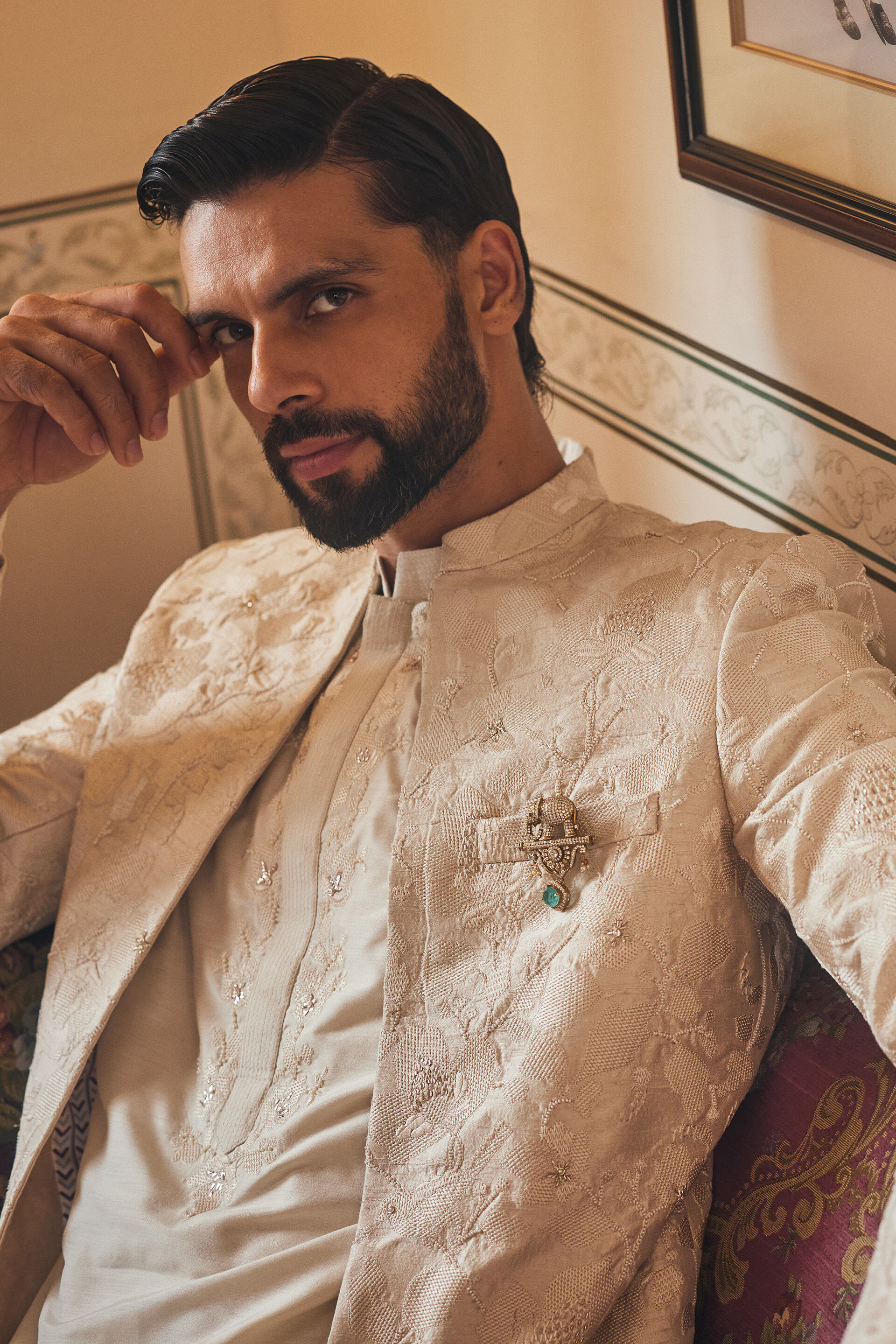 Gurbaz Embroidered Silk Sherwani - Ivory, Ivory, image 3